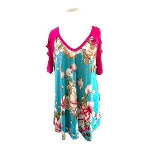 Celeste Floral Print & Hot Pink Cut-Out Sleeve Top | Size Large
